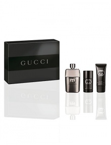 Gucci Guilty Pour Homme is an intense and individual contemporary fougère that provokes as it seduces. The scent seizes hold of the senses with a heady cocktail of invigorating Italian lemon and mandarin alongside crushed green leaves, fresh lavender and a defiant punch of pink pepper. The effect is both remarkable and uncompromisingly alluring. Experience Gucci Guilty Pour Homme with this gift set containing a 3 oz. eau de toilette, 2.5 oz. deodorant stick and a 1.6 oz. Gucci Guilty Pour Homme is an intense and individual contemporary fougère that provokes as it seduces. The scent seizes hold of the senses with a heady cocktail of invigorating Italian lemon and mandarin alongside crushed green leaves, fresh lavender and a defiant punch of pink pepper. The effect is both remarkable and uncompromisingly alluring. Experience Gucci Guilty Pour Homme with this gift set containing a 3 oz. eau de toilette, 2.5 oz. deodorant stick and a 1.6 oz.