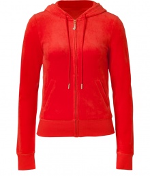 Paint color into your casual attire with this bright red velour hoodie from Juicy Couture - Hooded, front zip closure, long sleeves, split kangaroo pocket, slim fit - Pair with matching pants, favorite jeans, or mini-skirts