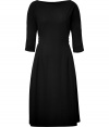 Chic day to evening looks get a luxe, feminine finish with Jil Sanders gathered back flared wool sheath dress - Boat-neckline, 3/4 sleeves, tailored with a back sash, fitted top, full skirt - Pair with heels or sleek suede ankle boots