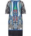 A vivid modern kaleidoscopic print covers this chic shift from Etro - Round neckline, elbow-length sleeves, side slit pockets, blue trim - Straight tailored silhouette - Wear with jet black accessories for evening elegance