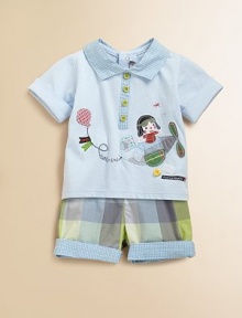 Crafted in plush cotton, this cheery, vibrant set with matching plaid shorts is a wardrobe essential.Polo collarShort sleeves with rolled cuffsBack snapsElastic waistbandBack patch pocketPrinted, rolled cuffsCottonMachine washImported Please note: Number of snaps may vary depending on size ordered. Crafted in plush cotton, this cheery, vibrant set with matching plaid shorts is a wardrobe essential.Polo collarShort sleeves with rolled cuffsBack snapsElastic waistbandBack patch pocketPrinted, rolled cuffsCottonMachine washImported Please note: Number of snaps may vary depending on size ordered.