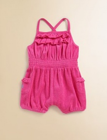 A warm-weather-ready romper crafted from soft terry cloth features jersey-knit ruffles along the neck, a smocked waistline and petite patch pockets embroidered with a signature pony.Square neck with double-tiered ruffle trimCrisscross shoulder strapsHidden bottom snaps for easy on and offPatch pockets with ruffle trimSmocked waistlineElastic hem49% cotton/33% modal/18% polyesterMachine washImported A warm-weather-ready romper crafted from soft terry cloth features jersey-knit ruffles along the neck, a smocked waistline and petite patch pockets embroidered with a signature pony.Square neck with double-tiered ruffle trimCrisscross shoulder strapsHidden bottom snaps for easy on and offPatch pockets with ruffle trimSmocked waistlineElastic hem49% cotton/33% modal/18% polyesterMachine washImported