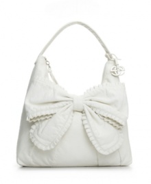 A femme bag with an oversized bow at front will add some sweetness to your style. Ruffle trimmed bow decorates this square hobo while a signature silvertone hardware adds shine. A femme bag with an oversized bow at front will add some sweetness to your style. Ruffle trimmed bow decorates this square hobo while a signature silvertone hardware adds shine.