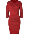 With its soft draped jersey and rich shade of brick red, Plein Suds asymmetrical dress is perfect for taking chic work looks into sultry city cocktails - Draped boat-neckline, 3/4 dolman sleeves, seamed cuffs, extra form-fitting - Scrunch up the skirt and style as a mini-dress with jet black footwear and a streamlined tote