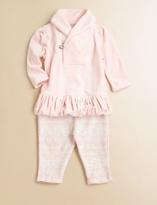 An essential soft velour set includes a shawl-collar tunic and a Nordic-inspired printed legging for a timeless heritage look and extra warmth. Tunic Shawl collarLong puffed sleevesRhinestone button and loop closureRuffled hem Leggings Elastic waistband with drawstring bowTapered legCottonMachine washImported Please note: Number of buttons may vary depending on size ordered. An essential soft velour set includes a shawl-collar tunic and a Nordic-inspired printed legging for a timeless heritage look and extra warmth. Tunic Shawl collarLong puffed sleevesRhinestone button and loop closureRuffled hem Leggings Elastic waistband with drawstring bowTapered legCottonMachine washImported Please note: Number of buttons may vary depending on size ordered.