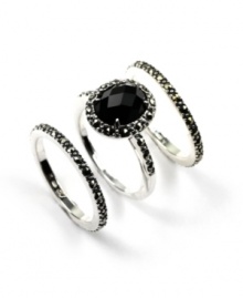 Keeping up with the trends is a breeze with Judith Jack's chic, stackable style. Three stacking rings can be worn one on top of the other. Center ring features an oval-cut onyx gemstone (14 ct. t.w.). All three rings crafted in sterling silver with sparkling marcasite accents. Size 7. Keeping up with the trends is a breeze with Judith Jack's chic, stackable style. Three stacking rings can be worn one on top of the other. Center ring features an oval-cut onyx gemstone (14 ct. t.w.). All three rings crafted in sterling silver with sparkling marcasite accents. Size 7.
