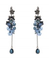 Blue streak. Beautiful blue faceted beads and sparkling crystals are complemented by flower and bow motifs as well as a teardrop-shaped glass accent on Betsey Johnson's striking linear drop earrings. Crafted in hematite tone mixed metal. Approximate drop: 3-3/4 inches.