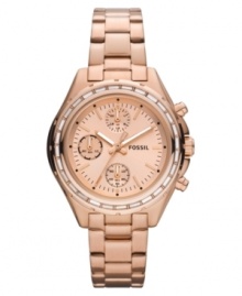 Fossil's Dylan collection features a classic watch silhouette with feminine details, like crystal accents and rosy hues.