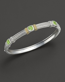 Linen bracelet with three peridot-crystal stations and 18 Kt,accents. Designed by Judith Ripka.