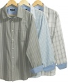 Round out your dressy-casual look with this no-iron patterned dress shirt from Van Heusen.