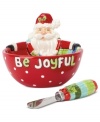 Get wrapped up in the joy of the season with a bowl featuring one especially jolly Santa. With whimsical sculpted detail in his face, scarf and even on the spreading knife, this Fitz and Floyd set is bursting with holiday cheer.