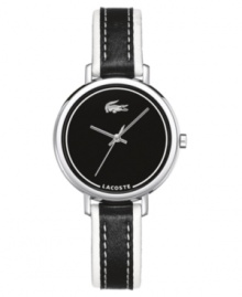 A trendy watch that's built to last. This Lacoste watch features a black and white leather strap and round stainless steel case. Black dial with logo. Quartz movement. Water resistant to 30 meters. Two-year limited warranty.