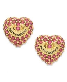 Follow your heart. These ladylike heart stud earrings feature pink pave crystals and a logo banner. Crafted from gold tone mixed metal. Approximate diameter: 3/8 inch.