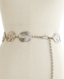 Relive the past with this gorgeous vintage-inspired chain belt from Style&co. Textured discs and silver tones create an eye-catching look that recalls 70s charm. Relive the past with this gorgeous vintage-inspired chain belt from Style&co. Textured discs and silver tones create an eye-catching look that recalls 70s charm.