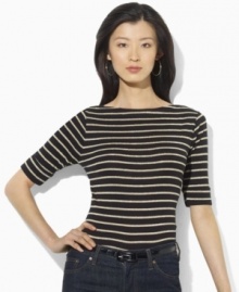 A chic boat neckline infuses Lauren by Ralph Lauren's classic cotton jersey petite tee with breezy, relaxed style. A chic boat neckline infuses Lauren by Ralph Lauren's classic cotton jersey petite tee with breezy, relaxed style.
