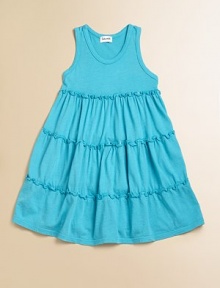 So sweet and so simple, in t-shirt soft knit with ruffle-edged tiers in a pretty flared shape.Scoop necklineSleevelessSmooth tank bodiceEmpire waistTiered skirt with ruffled edges50% supima cotton/50% modalMachine washImported So sweet and so simple, in t-shirt soft knit with ruffle-edged tiers in a pretty flared shape.Scoop necklineSleevelessSmooth tank bodiceEmpire waistTiered skirt with ruffled edges50% supima cotton/50% modalMachine washImported