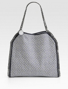 Polished chain trim and print adds edge this versatile faux leather design.Double chain handles, 4 dropTop snap closureOne inside zip pocketNylon logo lining14¾W X 13H X 3DMade in Italy Polished chain trim and print adds edge this versatile faux leather design.Double chain handles, 4 dropTop snap closureOne inside zip pocketNylon logo lining14¾W X 13H X 3DMade in Italy