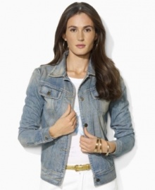 Constructed in faded, washed denim with a hint of stretch, Lauren Jeans Co.'s jacket is a flattering, modern take on a classic jean jacket. Constructed in faded, washed denim with a hint of stretch, Lauren Jeans Co.'s jacket is a flattering, modern take on a classic jean jacket.