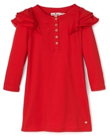 The perfect partner for leggings and skinny jeans, this Juicy Couture top charms with flouncy shoulder ruffles in the season's coolest red. The perfect partner for leggings and skinny jeans, this Juicy Couture top charms with flouncy shoulder ruffles in the season's coolest red.