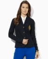 A wardrobe essential, Lauren Ralph Lauren's chic three-button petite blazer is crafted in stretch denim and finished with a signature crest at the chest.