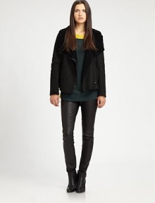 Rich shearling, closely cropped and fitted in a chic motorcycle style.Foldover collarAsymmetric zipperWelt pocketsAbout 22 from shoulder to hemGenuine lamb shearlingDry clean by a fur specialistImportedFur origin: SpainModel shown is 5'10 (177cm) wearing US size Small. Rich shearling, closely cropped and fitted in a chic motorcycle style.Foldover collarAsymmetric zipperWelt pocketsAbout 22 from shoulder to hemGenuine lamb shearlingDry clean by a fur specialistImportedFur origin: SpainModel shown is 5'10 (177cm) wearing US size Small.