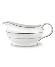 This elegant sauce boat is accented with a delicate flourish of vine-like, white-on-white imprints with raised, iridescent enamel dots. Holds 16 oz. 9 long. From Lenox's dinnerware and dishes collection. This elegant sauce boat is accented with a delicate flourish of vine-like, white-on-white imprints with raised, iridescent enamel dots. Holds 16 oz. 9 long. From Lenox's dinnerware and dishes collection.