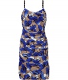 Stylish sheath dress in fine, taupe and royal blue silk - Vibrant floral motif is lush and feminine - Fitted silhouette flatters every curve, hits just above the knee - Fabric ruching at waist and hips, decorative slim straps - Effortlessly sexy and chic, retro refined - Pair with a cropped cardigan and strappy sandals or peep toe pumps