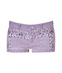 Stylish mini shorts in fine lilac cotton - Chic floral and paisley bandana-style print - Cool and comfortable, thanks to a touch of stretch - Front and back pockets, belt loops and button closure - A perfect pairing of sexy and casual great for everyday - Style with an oversize cardigan or pullover, opaque tights and ankle boots