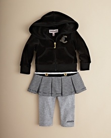 Juicy Couture's goes for a scholastic layered look, with a cute uniform-style pleated skirt attached to the leggings, matched with a classic velour hoodie. Juicy Couture's goes for a scholastic layered look, with a cute uniform-style pleated skirt attached to the leggings, matched with a classic velour hoodie.