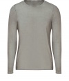 Stylish t-shirt in fine, pure pale grey silk - Supremely soft, summer weight material has a well-worn, vintage look - Crew neck, long sleeves and decorative seams - Leaner cut tapers gently through waist - Casually elegant, easily dressed up or down - Wear solo or layer beneath a blazer and pair with jeans, chinos, shorts or linen trousers