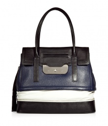 Chic handbag in supple, fashionably colorblocked leather - Bold and sophisticated in black, navy and white - Structured flap top silhouette with detachable tassel and zipper embellishments - Two top handles and silver metal turnlock closure - Outer zip compartment and protective metal feet - Lined in cotton, with one interior zip pocket and two open pockets - Seamlessly transitions from work to weekend Chic handbag in supple, fashionably colorblocked leather - Bold and sophisticated in black, navy and white - Structured flap top silhouette with detachable tassel and zipper embellishments - Two top handles and silver metal turnlock closure - Outer zip compartment and protective metal feet - Lined in cotton, with one interior zip pocket and two open pockets - Seamlessly transitions from work to weekend