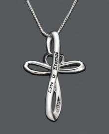 The words Love is Eternal will be a constant reminder of your faith. This unique sterling silver cross pendant features a loop design with a center heart cross. Approximate length: 18 inches. Approximate drop: 1-1/4 inches. The words Love is Eternal will be a constant reminder of your faith. This unique sterling silver cross pendant features a loop design with a center heart cross. Approximate length: 18 inches. Approximate drop: 1-1/4 inches.