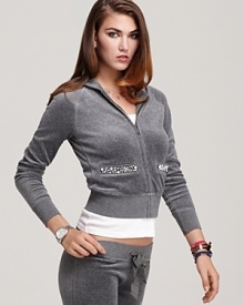 Opt for weekend glamour with this Juicy Couture velour hoodie, flaunting rhinestone-embellished pocket trim.