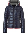 A sleek outer shell and elegant red and cream stripe trim lend this Duvetica down jacket its sporty and stylish edge - In a lighter weight, wind- and water-resistant dark blue polyamide - Slim cut fits close to the body for extra warmth and tapers through waist - Full zip, contrast grey hood and oversize diagonal zippered pockets at front - Perfect for cold weather casual looks including jeans, cords, chinos and ski pants