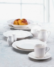A unique geometric shape and clean, embossed design give this fine china tea saucer from Mikasa's Antique White dinnerware and dishes collection a modern sensibility. Microwave, dishwasher and oven safe. Perfect for everyday use. A unique geometric shape and clean, embossed design give this fine china tea saucer from Mikasa's Antique White dinnerware and dishes collection a modern sensibility. Microwave, dishwasher and oven safe. Perfect for everyday use.
