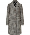 Stylish tweed coat made ​.​.from fine pure new wool - Mottled color combination in black and ecru - Slim and straight cut, classic short length - The details: four button front, long sleeves, wide lapels, big pockets, polka dot lining - Typical transitional coat that can be combined in various ways and can be worn over the years - Wear with a pencil skirt, jeans, straight cut trousers