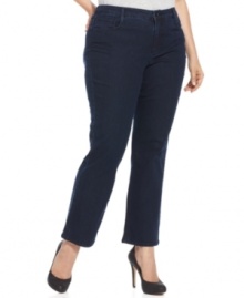 Snag sleek casual style with Jones New York Signature's plus size straight leg jeans, finished by a dark wash and embellished pockets. Snag sleek casual style with Jones New York Signature's plus size straight leg jeans, finished by a dark wash and embellished pockets.