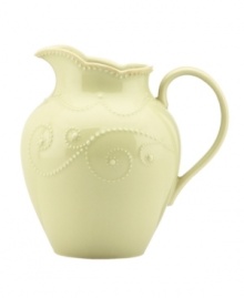 With fanciful beading and a feminine edge, this Lenox French Perle pitcher has an irresistibly old-fashioned sensibility. Hardwearing stoneware is dishwasher safe and, in a soft pistachio hue with antiqued trim, a graceful addition to everyday dining. Qualifies for Rebate With fanciful beading and a feminine edge, this Lenox French Perle pitcher has an irresistibly old-fashioned sensibility. Hardwearing stoneware is dishwasher safe and, in a soft pistachio hue with antiqued trim, a graceful addition to everyday dining. Qualifies for Rebate