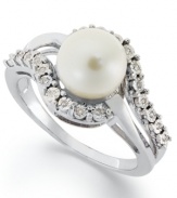 Designed to delight. This unique ring highlights a cultured freshwater pearl surrounded by diamond accents. Set in sterling silver. Size 7.