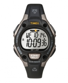 The iconic Timex Ironman watch with functions for athletes at every level. Black resin strap and round gray case. Black bezel with four lugs and yellow logo. Digital display dial features initial time, day, date and seconds. Quartz movement. Water resistant to 100 meters. One-year limited warranty. The iconic Timex Ironman watch with functions for athletes at every level. Black resin strap and round gray case. Black bezel with four lugs and yellow logo. Digital display dial features initial time, day, date and seconds. Quartz movement. Water resistant to 100 meters. One-year limited warranty.