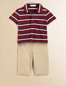 This adorable set pairs a lightweight striped polo with traditional chino pants and a bulldog ribbon belt for preppy, tailored style. Polo Shirt Pointed collarShort sleevesButton-front Pants Button closureBelted waistband with D-ring beltZip flyCottonMachine washImported Please note: Number of buttons may vary depending on size ordered. This adorable set pairs a lightweight striped polo with traditional chino pants and a bulldog ribbon belt for preppy, tailored style. Polo Shirt Pointed collarShort sleevesButton-front Pants Button closureBelted waistband with D-ring beltZip flyCottonMachine washImported Please note: Number of buttons may vary depending on size ordered.