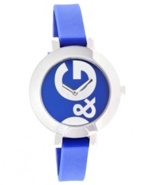 A cool, blue D&G watch makes an icy statement. Blue silicone strap and round stainless steel case. Blue dial features large silvertone D&G logo and silvertone hour and minute hands. Quartz movement. Water resistant to 30 meters. Two-year limited warranty.