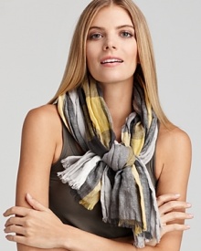 In cool grey with yellow accents, this linen-silk scarf from Burberry offers iconic style.