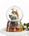 Up, up and away! This snow globe captures the magic of the season with Santa Claus taking flight through a light snow to start his Christmas deliveries. The base features a lovely painted scene of two children watching Santa and the reindeer fly through the night sky.