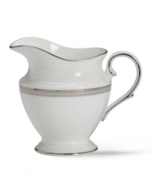 Metropolitan sensibility and modern design combine in this understated white bone china creamer from Lenox's collection of dinnerware and dishes. Platinum gild along the edge is enhanced by a clean, platinum geometric pattern reminiscent of architectural accents. Qualifies for Rebate Metropolitan sensibility and modern design combine in this understated white bone china creamer from Lenox's collection of dinnerware and dishes. Platinum gild along the edge is enhanced by a clean, platinum geometric pattern reminiscent of architectural accents. Qualifies for Rebate