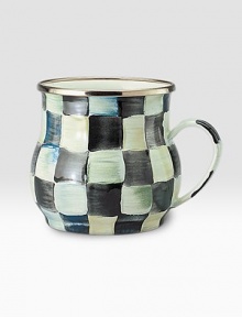 Sip a favorite tea or ladle a soothing soup in this beautifully curved enamelware mug, individually handpainted with jeweltoned checks and finished with s bronzed stainless steel rim. Backed in durable steel 16-ounce capacity 3½H X 4¼ diam. Hand wash Imported Sip a favorite tea or ladle a soothing soup in this beautifully curved enamelware mug, individually handpainted with jeweltoned checks and finished with s bronzed stainless steel rim. Backed in durable steel 16-ounce capacity 3½H X 4¼ diam. Hand wash Imported
