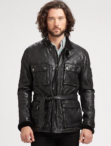 Inspired by a vintage motorcycle jacket, the Jennings Bike Jacket is crafted from supple quilted leather and receives modern updates with a belted waist, reinforced elbow patches and ample utility pockets for storage.Zip frontStand collarChest, waist flap pocketsZippered pocket at sleeveBelted waistFully linedAbout 30 from shoulder to hemLeatherDry cleanImported Inspired by a vintage motorcycle jacket, the Jennings Bike Jacket is crafted from supple quilted leather and receives modern updates with a belted waist, reinforced elbow patches and ample utility pockets for storage.Zip frontStand collarChest, waist flap pocketsZippered pocket at sleeveBelted waistFully linedAbout 30 from shoulder to hemLeatherDry cleanImported