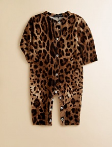 Ultra-soft, ultra-cozy wool one-piece adorned in a bold leopard print with a full button-front.CrewneckLong sleevesButton-frontBottom buttonsWoolMachine washImported Please note: Number of buttons may vary depending on size ordered. Ultra-soft, ultra-cozy wool one-piece adorned in a bold leopard print with a full button-front.CrewneckLong sleevesButton-frontBottom buttonsWoolMachine washImported Please note: Number of buttons may vary depending on size ordered.