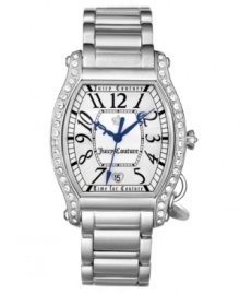 Decadent details accent the curves of this Dalton watch by Juicy Couture. Stainless steel bracelet and tonneau case with iconic crown charm. Bezel crystallized with Swarovski elements at left and right. Silver tone dial features black numerals at markers, minute track, heart-shaped date window at six o'clock, three royal blue hands and logos. Quartz movement. Water resistant to 30 meters. Two-year limited warranty. Decadent details accent the curves of this Dalton watch by Juicy Couture. Stainless steel bracelet and tonneau case with iconic crown charm. Bezel crystallized with Swarovski elements at left and right. Silver tone dial features black numerals at markers, minute track, heart-shaped date window at six o'clock, three royal blue hands and logos. Quartz movement. Water resistant to 30 meters. Two-year limited warranty.