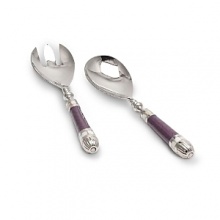 Hand made handles in sand-casted aluminum decorated with a trademark blend of enamel infused with crushed mother of pearl. Framed with hand cut inlaid mother of pearl mosaic borders. Salad spoon and fork made in stainless steel for easy care. Hand made handles in sand-casted aluminum decorated with a trademark blend of enamel infused with crushed mother of pearl. Framed with hand cut inlaid mother of pearl mosaic borders. Salad spoon and fork made in stainless steel for easy care.